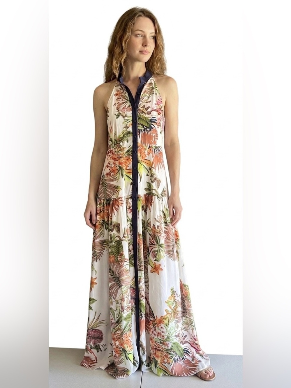 Floral Halter Maxi Dress with Navy Trim - White/Multicolor